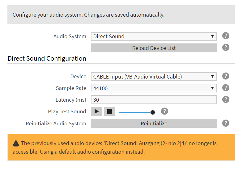 Audio Configuration (showing an error message)
