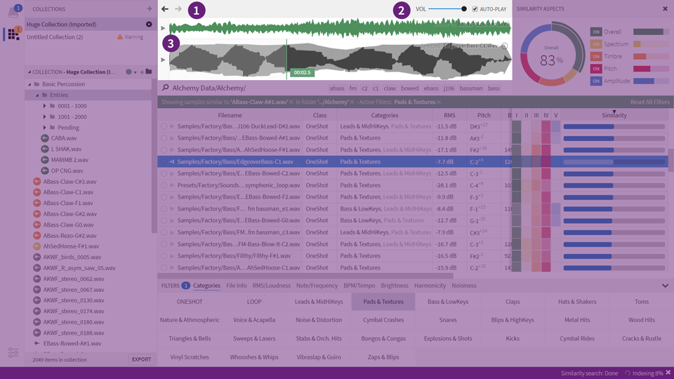 Query History (1), Playback Options (2), Waveform Display (3)